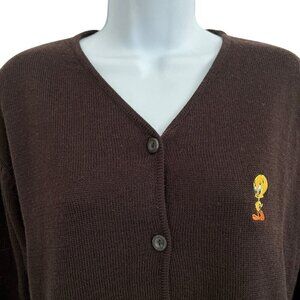Vtg Warner Bros. Women XL Brown Embroidered Tweety Bird Button Cardigan Sweater